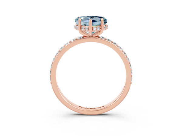 Rose gold Heart Cut Aquamarine Solitaire Ring with Pavé Band and Hidden Halo