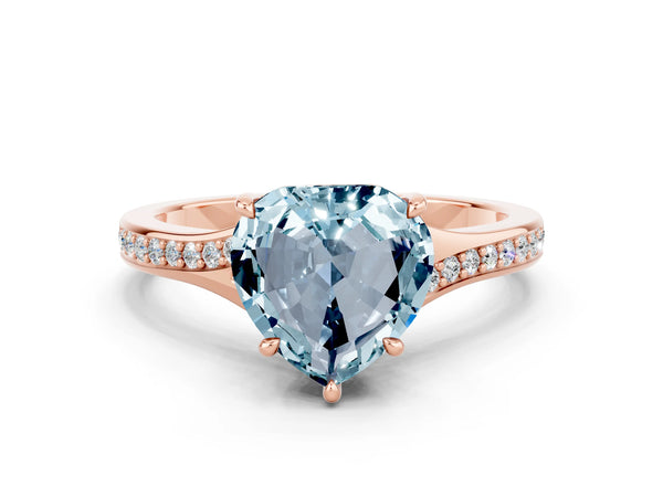 Rose gold Heart Cut Aquamarine Solitaire Ring with Pavé Band and Prong Setting