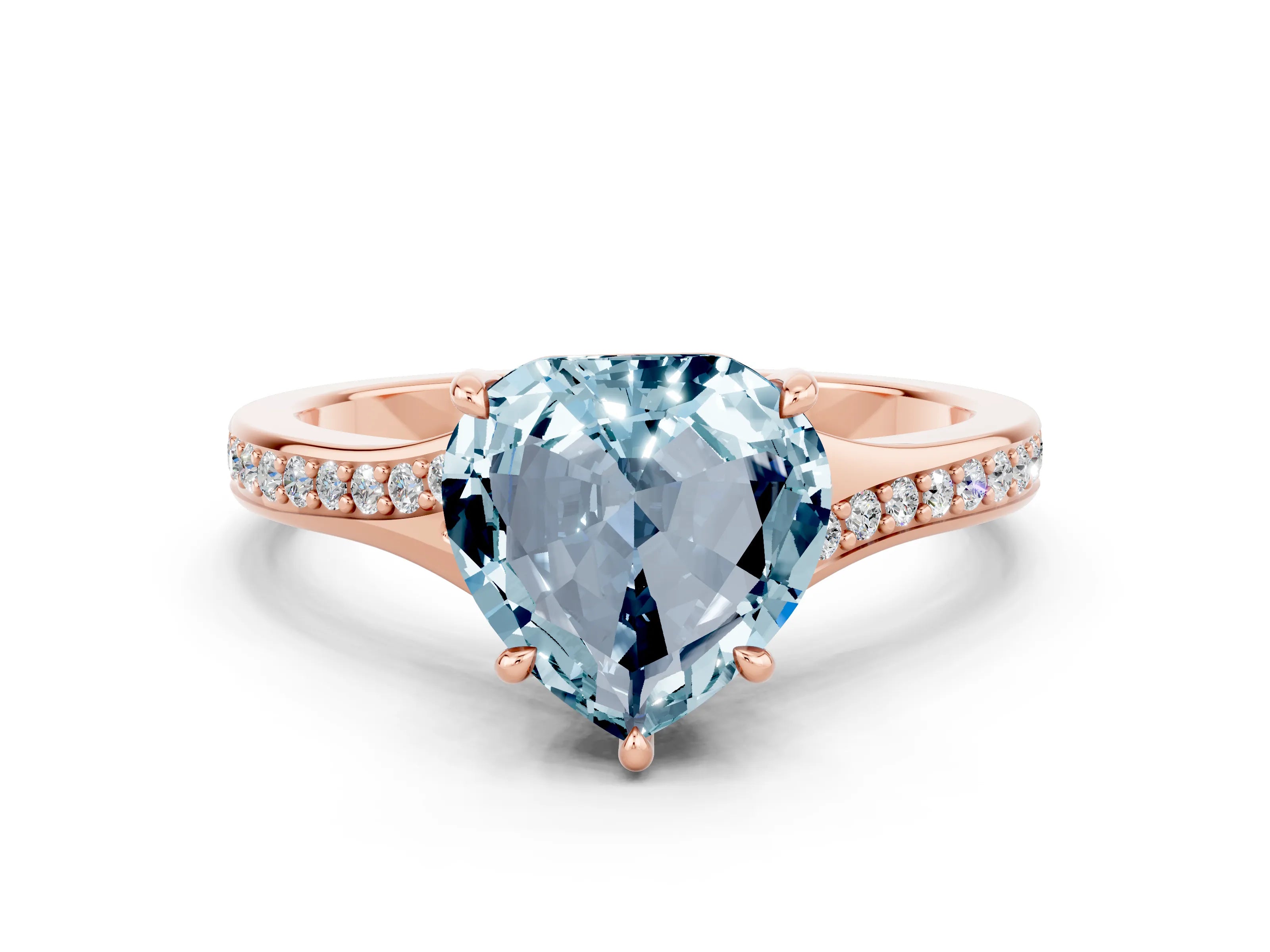 Rose gold Heart Cut Aquamarine Solitaire Ring with Pavé Band and Prong Setting_12