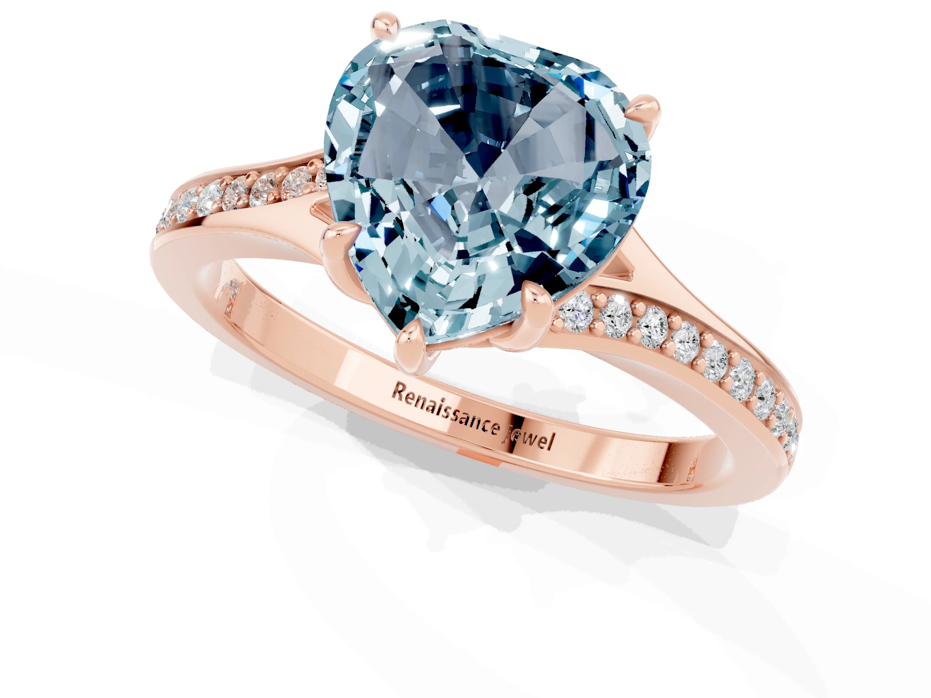 Rose gold Heart Cut Aquamarine Solitaire Ring with Pavé Band and Prong Setting_13