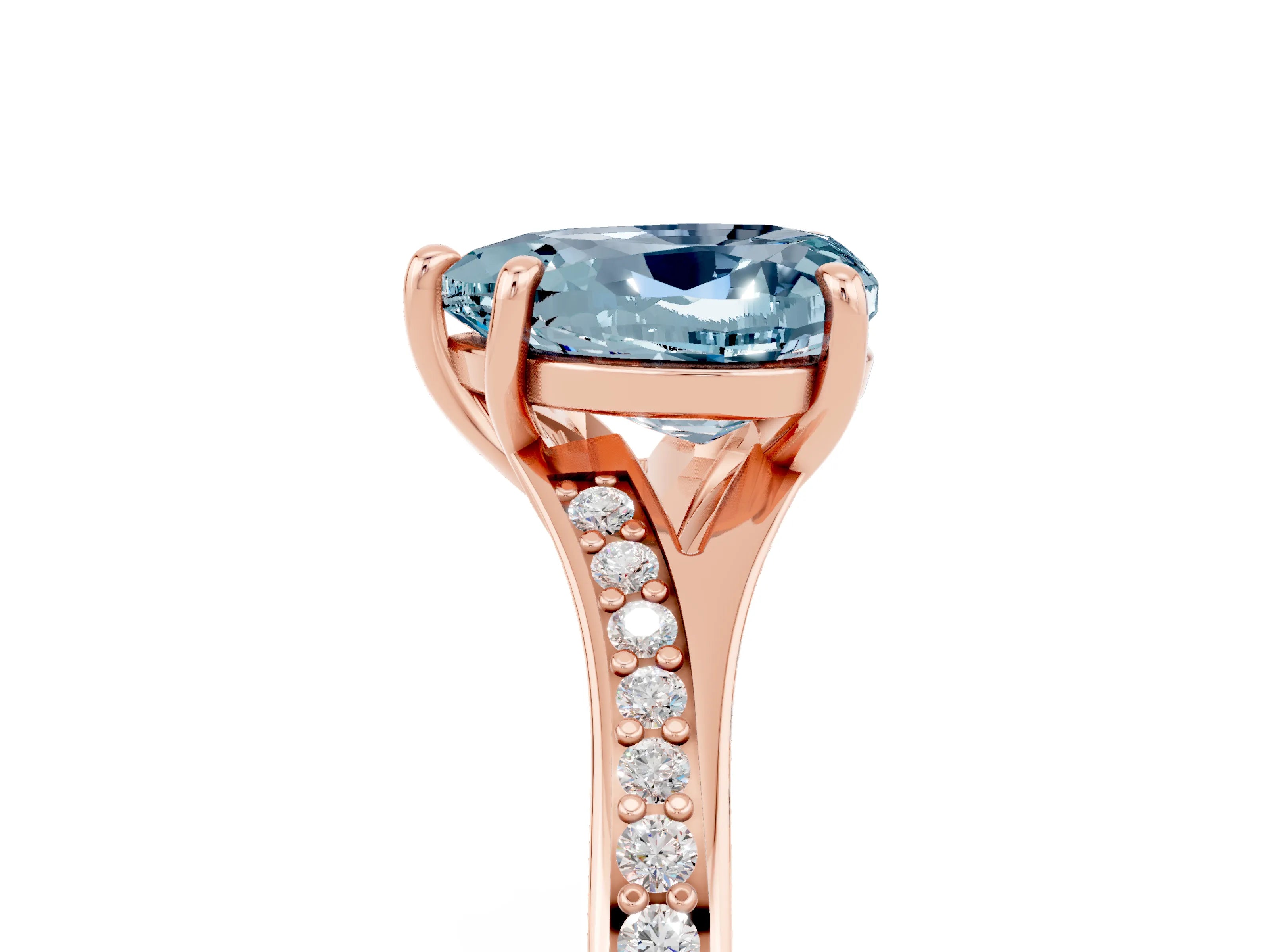 Rose gold Heart Cut Aquamarine Solitaire Ring with Pavé Band and Prong Setting_17