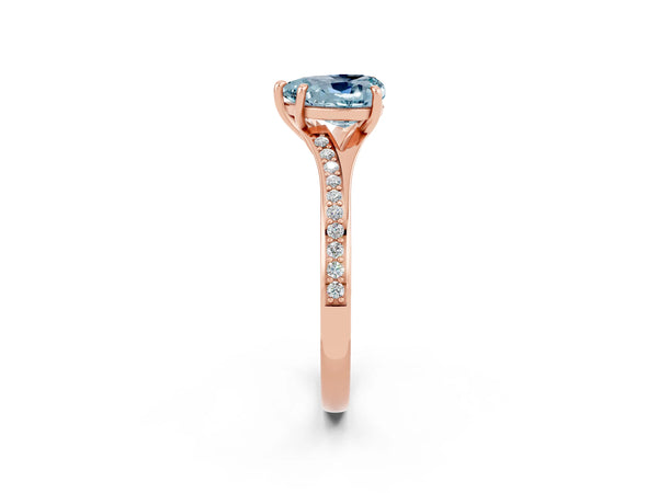 Rose gold Heart Cut Aquamarine Solitaire Ring with Pavé Band and Prong Setting
