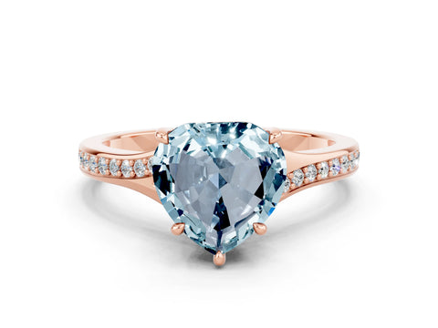 Rose gold Heart Cut Aquamarine Solitaire Ring with Pavé Band and Prong Setting