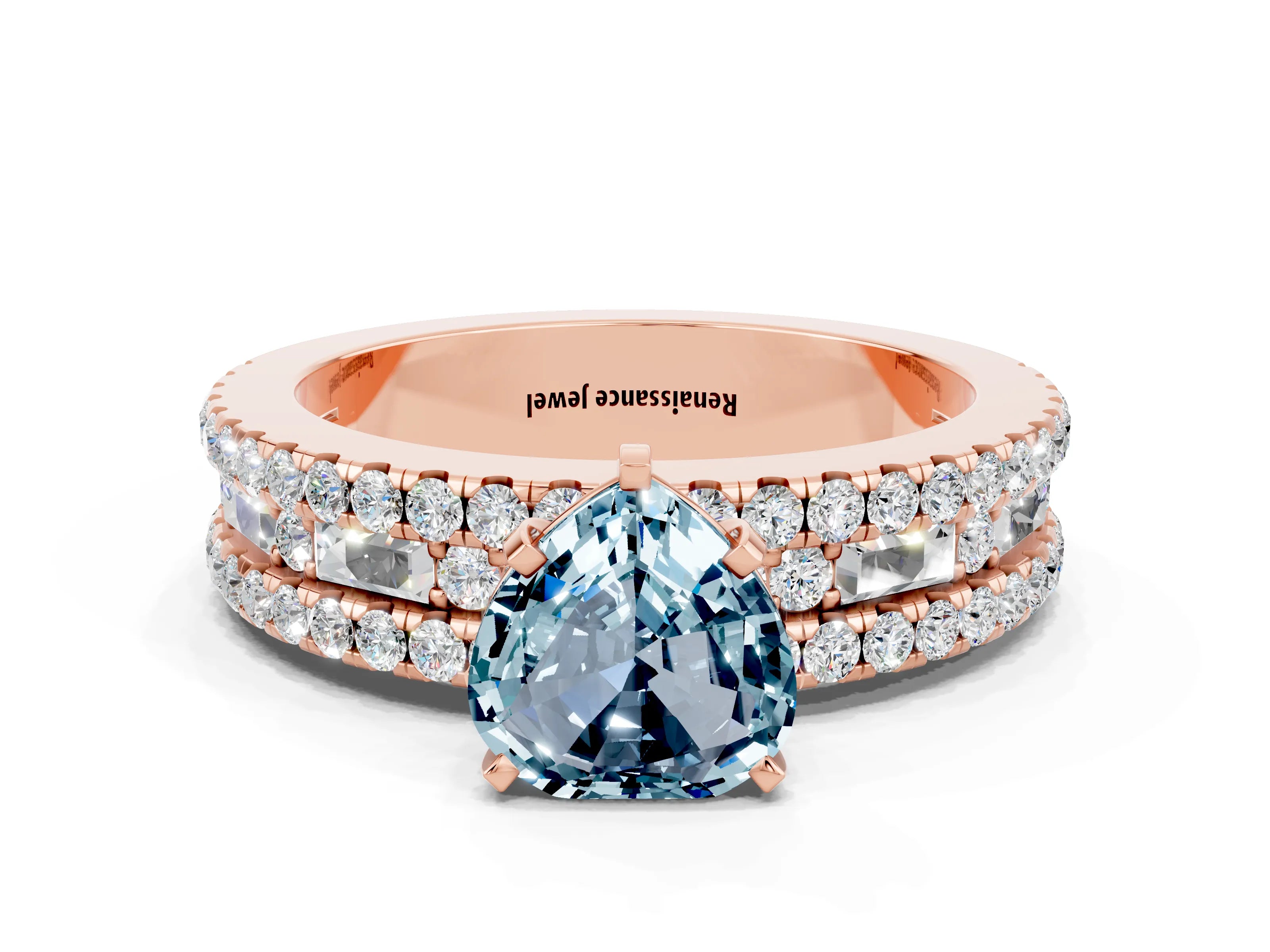 Rose gold Heart Cut Aquamarine Solitaire Ring with Pavé and Channel Set Band