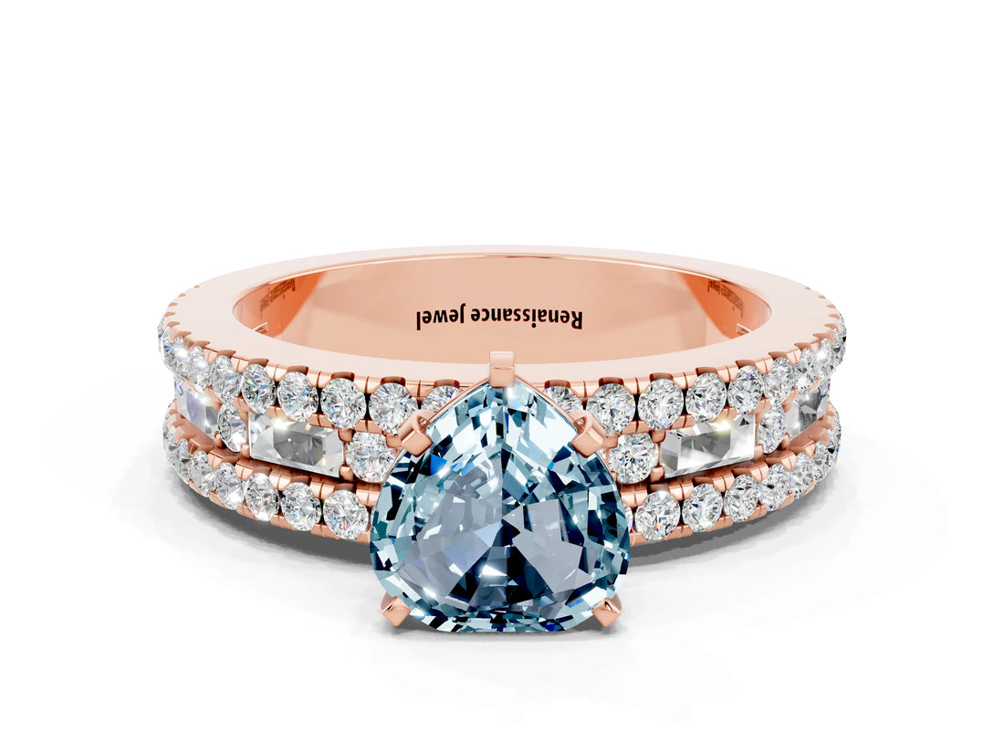Rose gold Heart Cut Aquamarine Solitaire Ring with Pavé and Channel Set Band