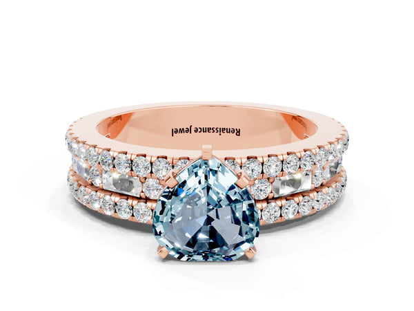 Rose gold Heart Cut Aquamarine Solitaire Ring with Pavé and Channel Set Band