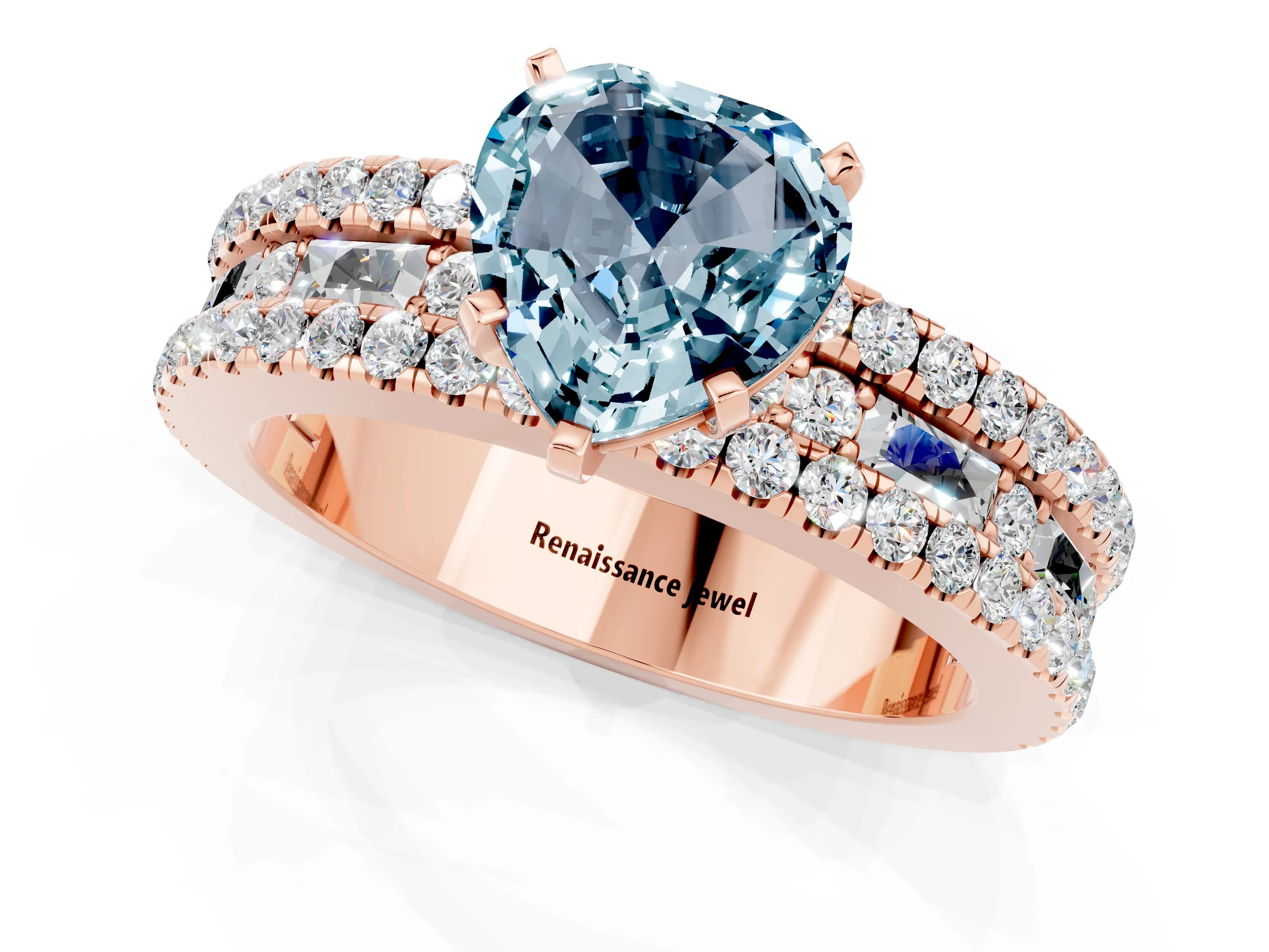 Rose gold Heart Cut Aquamarine Solitaire Ring with Pavé and Channel Set Band_1