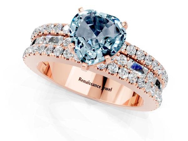Rose gold Heart Cut Aquamarine Solitaire Ring with Pavé and Channel Set Band