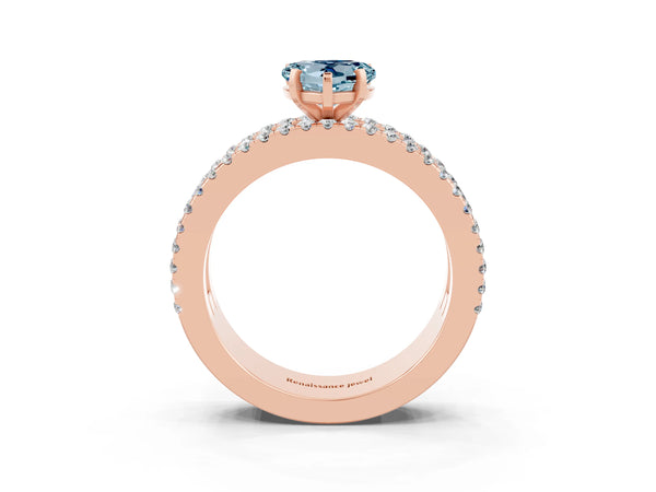 Rose gold Heart Cut Aquamarine Solitaire Ring with Pavé and Channel Set Band