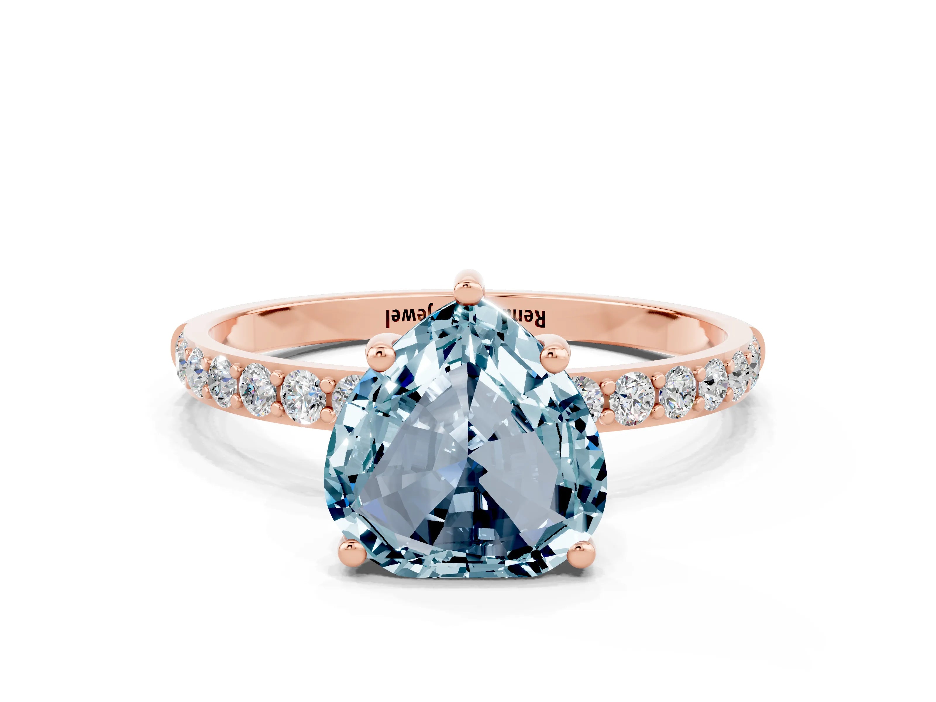 Rose gold Heart Cut Aquamarine Solitaire Ring with Pave Band and Four Prong Setting_24