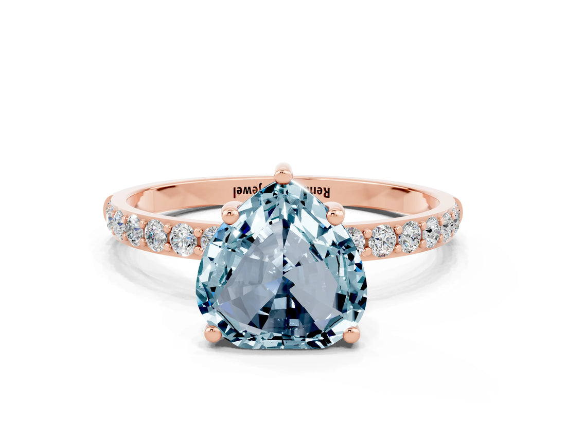 Rose gold Heart Cut Aquamarine Solitaire Ring with Pave Band and Four Prong Setting_24