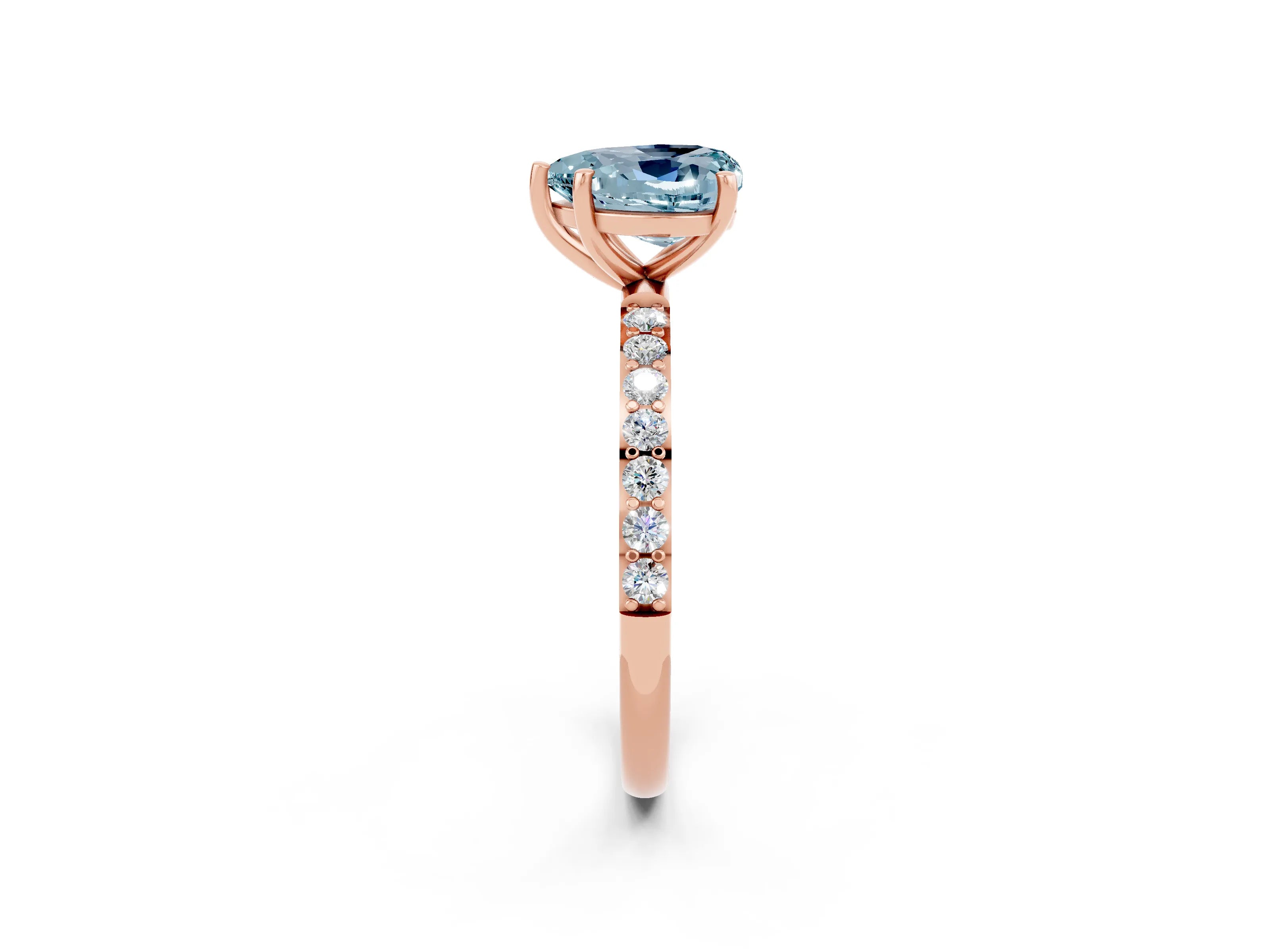 Rose gold Heart Cut Aquamarine Solitaire Ring with Pave Band and Four Prong Setting_26