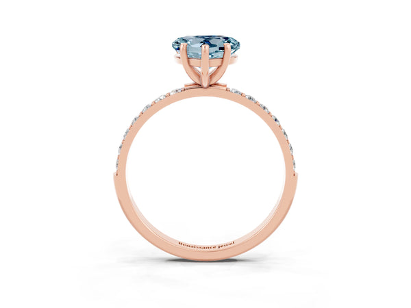 Rose gold Heart Cut Aquamarine Solitaire Ring with Round  Pavé Band and Prong Setting
