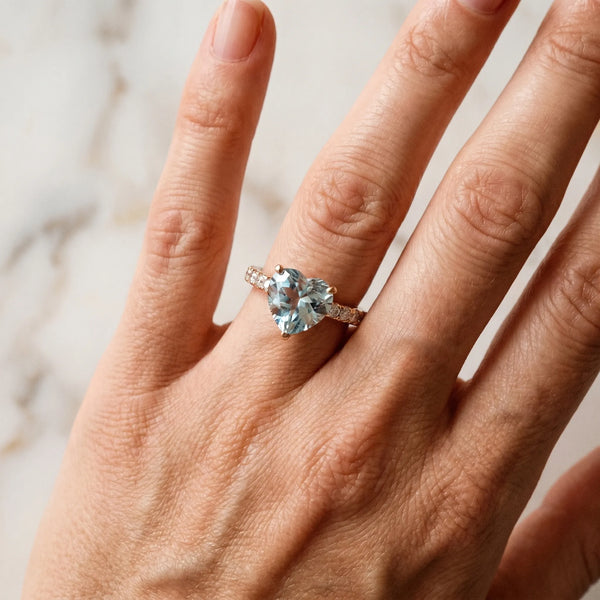 Rose gold Heart Cut Aquamarine Solitaire Ring with Round  Pavé Band and Four-Prong Setting