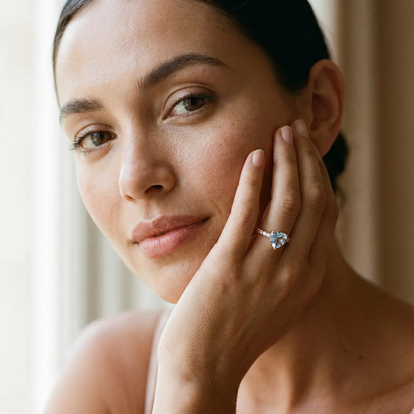 Rose gold Heart Cut Aquamarine Solitaire Ring with Round  Pavé Band and Four-Prong Setting