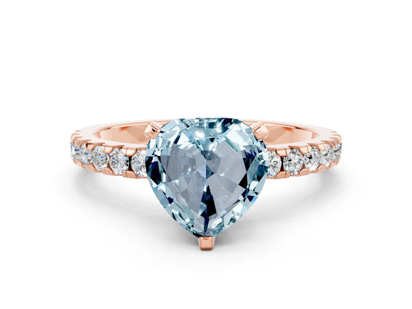 Rose gold Heart Cut Aquamarine Solitaire Ring with Round Pavé Band and Four-Prong Setting
