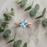 Rose gold Heart Cut Aquamarine Solitaire Ring with Round  Pavé Band and Four-Prong Setting_45