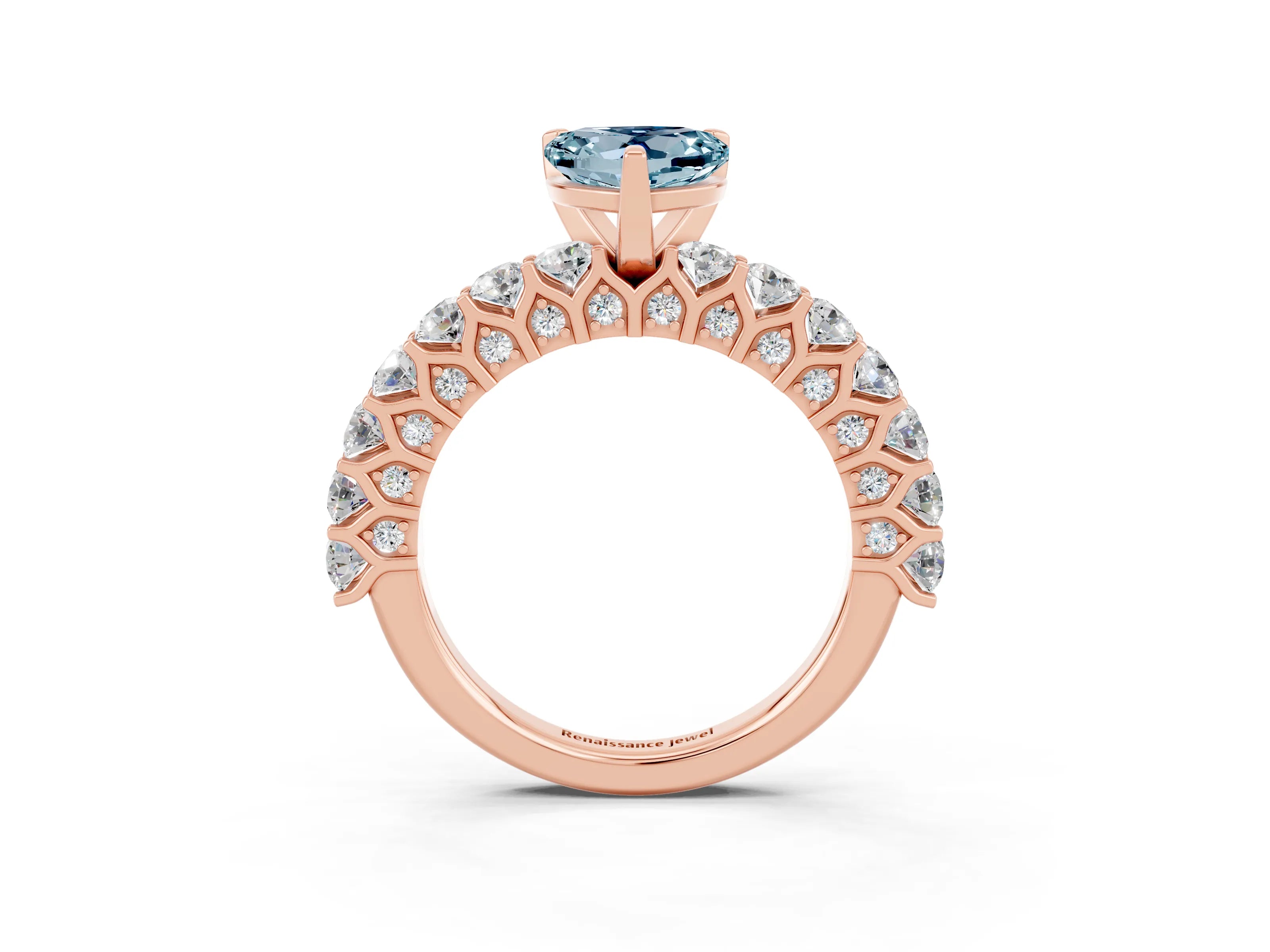 Rose gold Heart Cut Aquamarine Solitaire Ring with Shared Prong Pavé Band and Four-Prong Setting_15