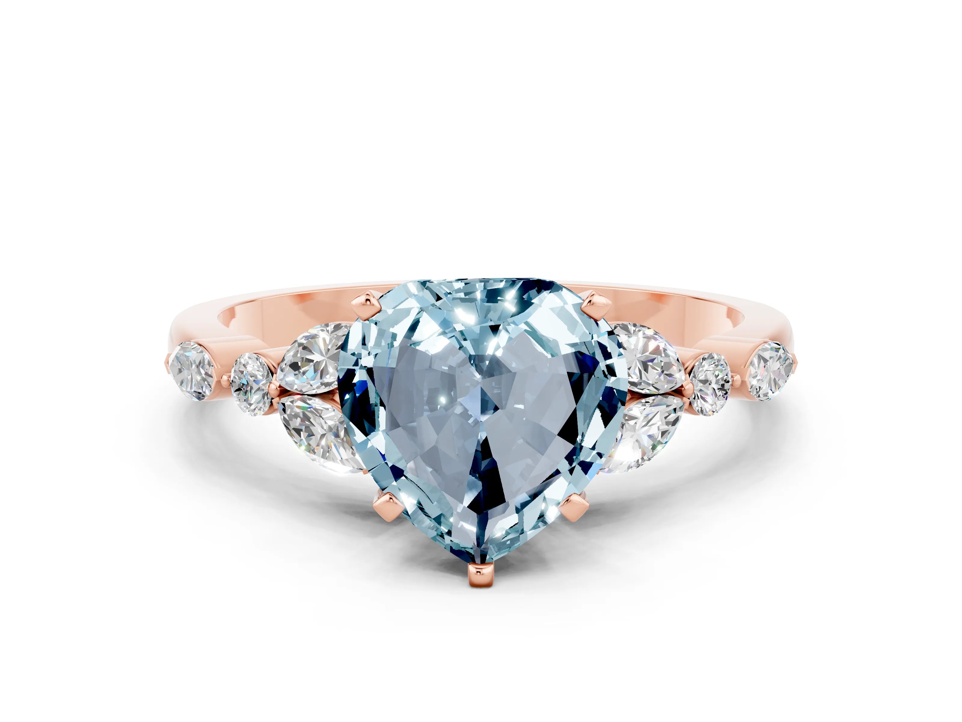 Rose gold Heart Cut Aquamarine Solitaire Ring with Side Stones and Four-Prong Setting_12