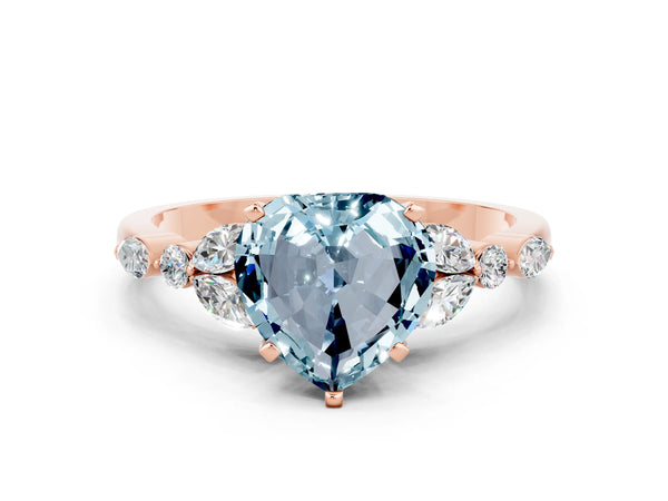 Rose gold Heart Cut Aquamarine Solitaire Ring with Side Stones and Four-Prong Setting