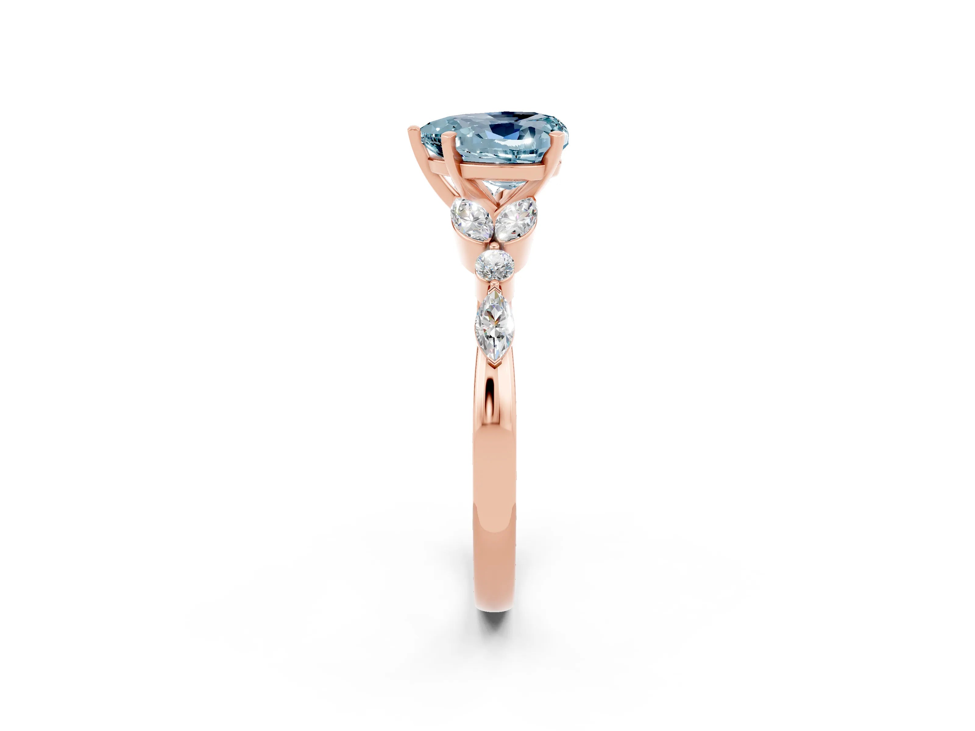 Rose gold Heart Cut Aquamarine Solitaire Ring with Side Stones and Four-Prong Setting_14