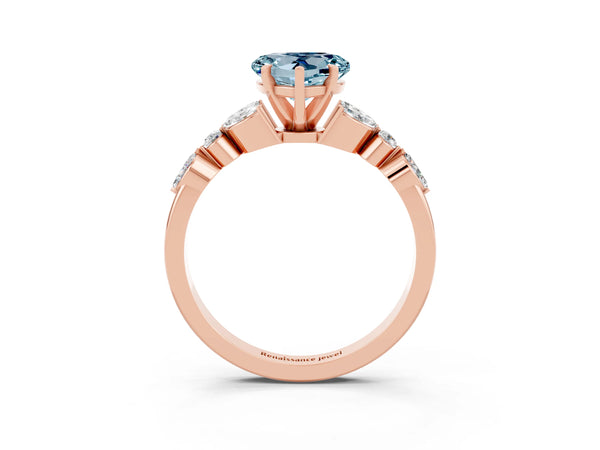 Rose gold Heart Cut Aquamarine Solitaire Ring with Side Stones and Four-Prong Setting
