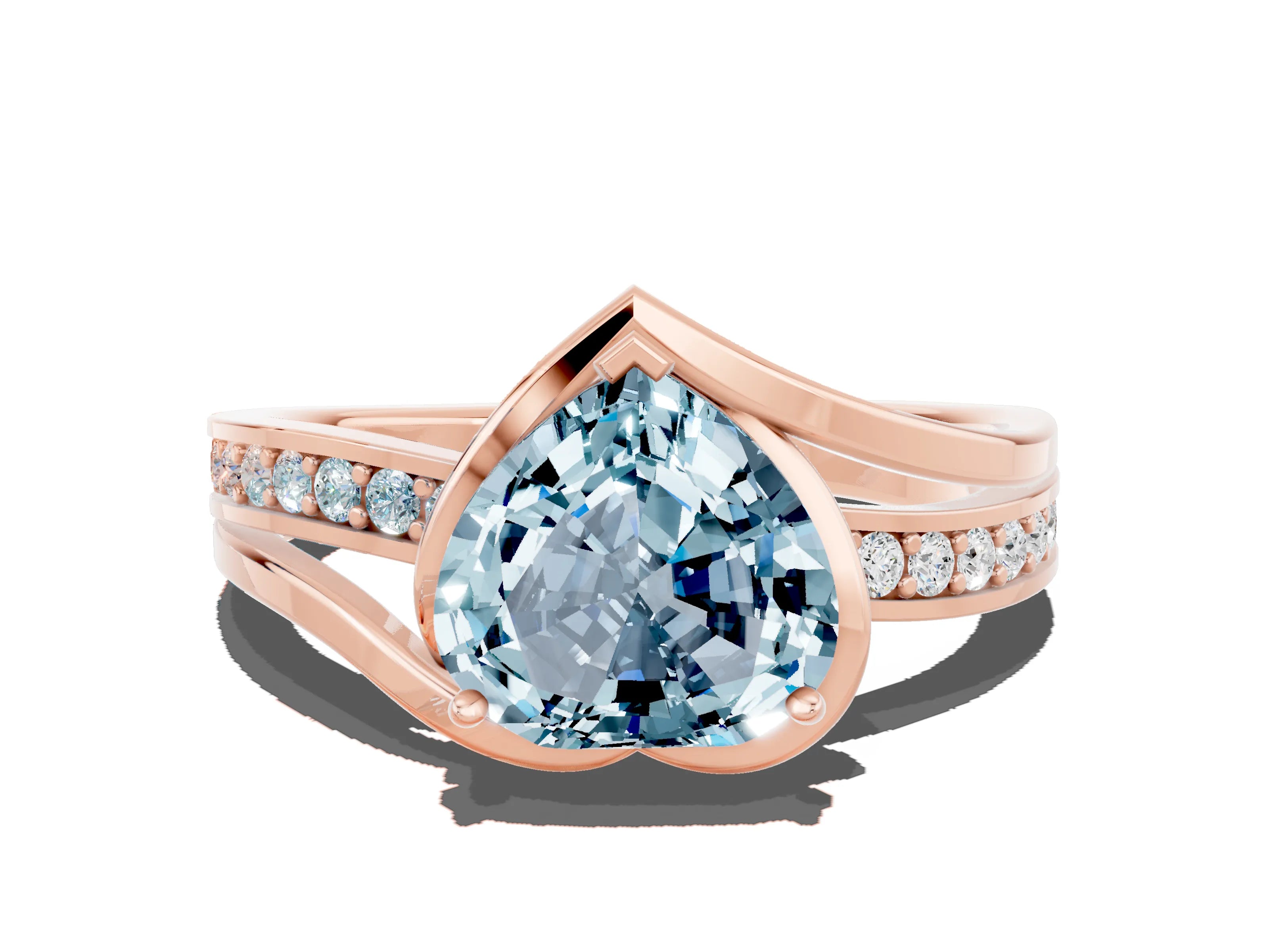 Rose gold Heart Cut Aquamarine Solitaire Ring with Split Shank and Prong Setting