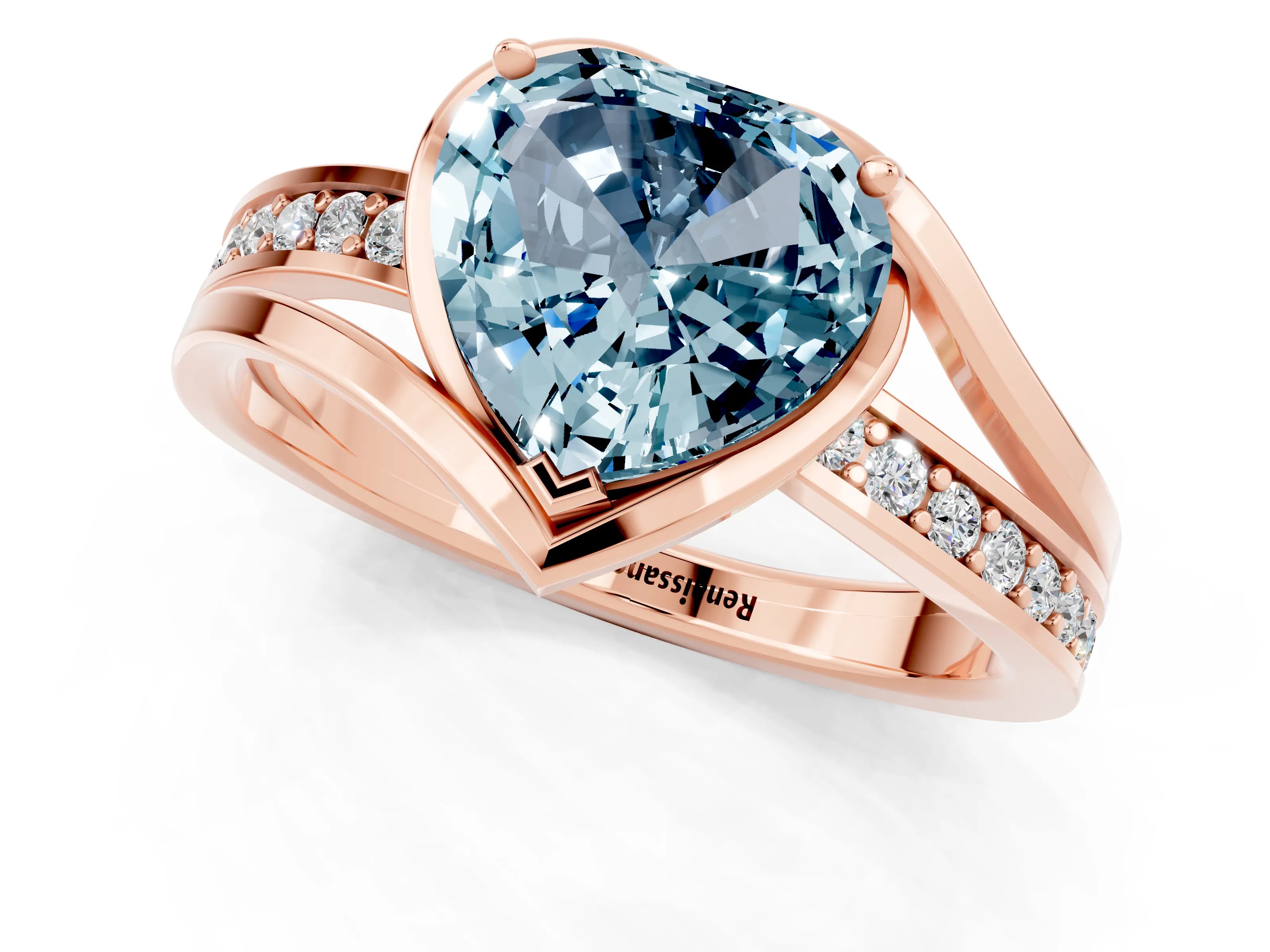 Rose gold Heart Cut Aquamarine Solitaire Ring with Split Shank and Prong Setting_1