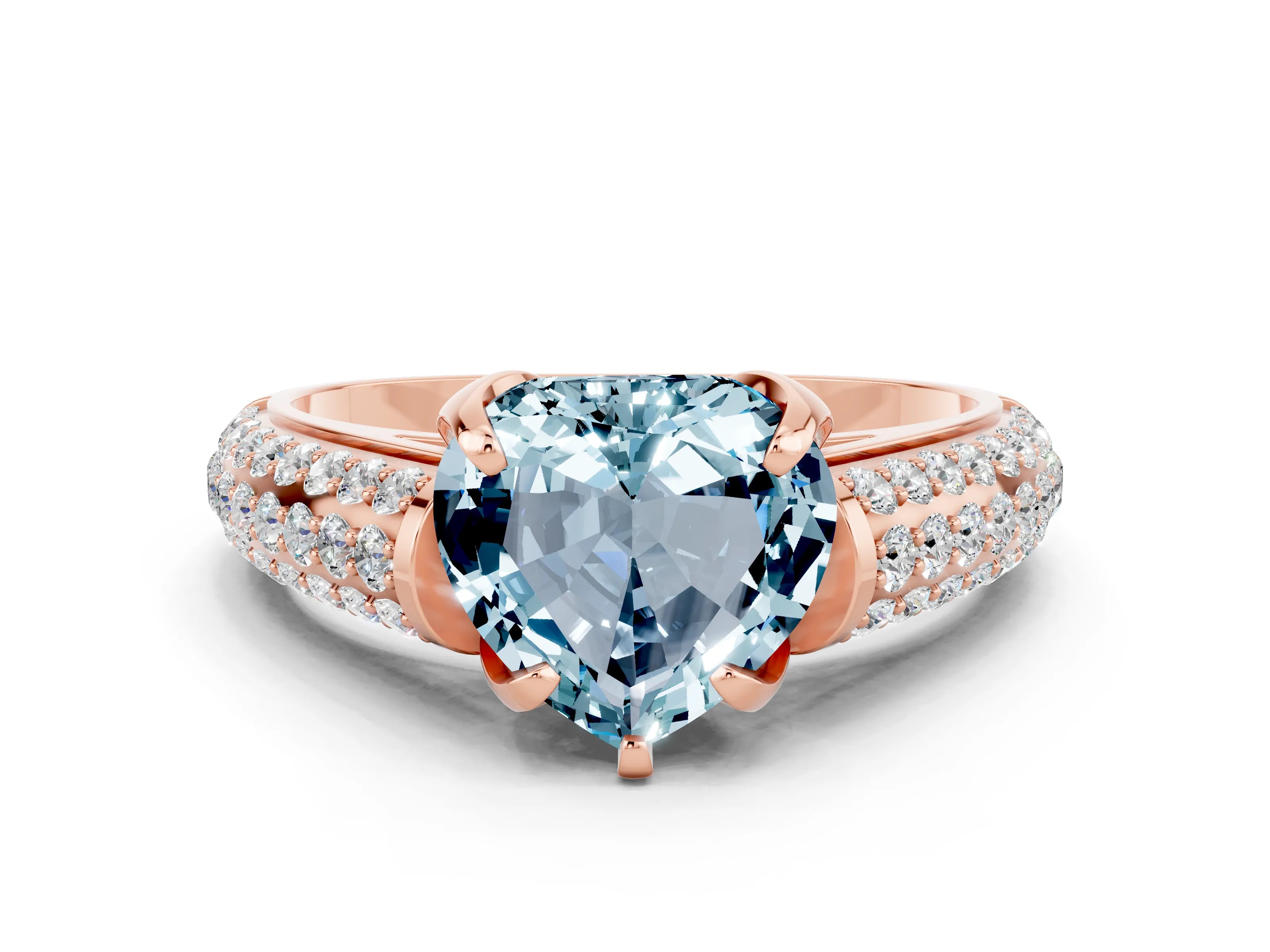 Rose gold Heart Cut Aquamarine Solitaire Ring with Three-Row Pavé Band and Four-Prong Setting_12