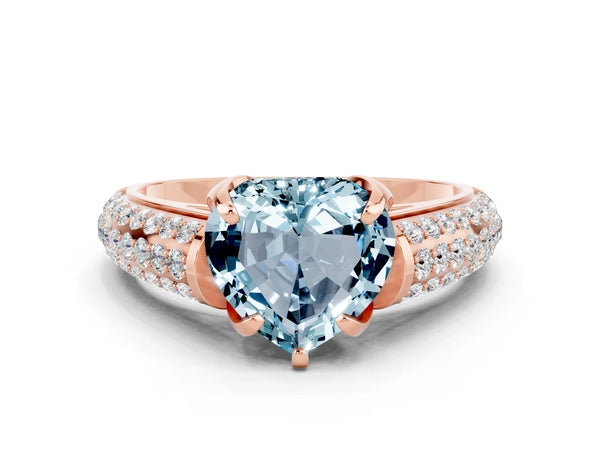 Rose gold Heart Cut Aquamarine Solitaire Ring with Three-Row Pavé Band and Four-Prong Setting