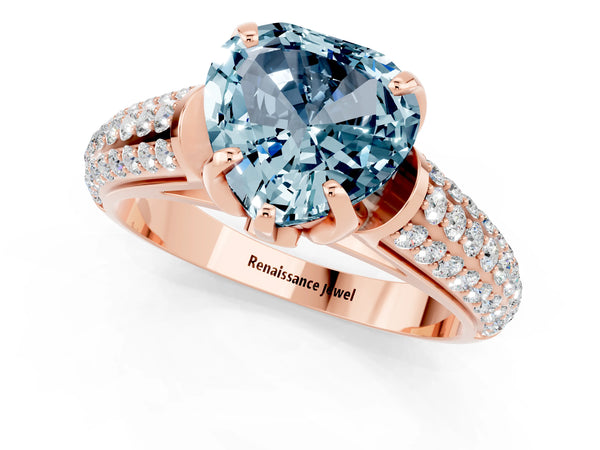 Rose gold Heart Cut Aquamarine Solitaire Ring with Three-Row Pavé Band and Four-Prong Setting