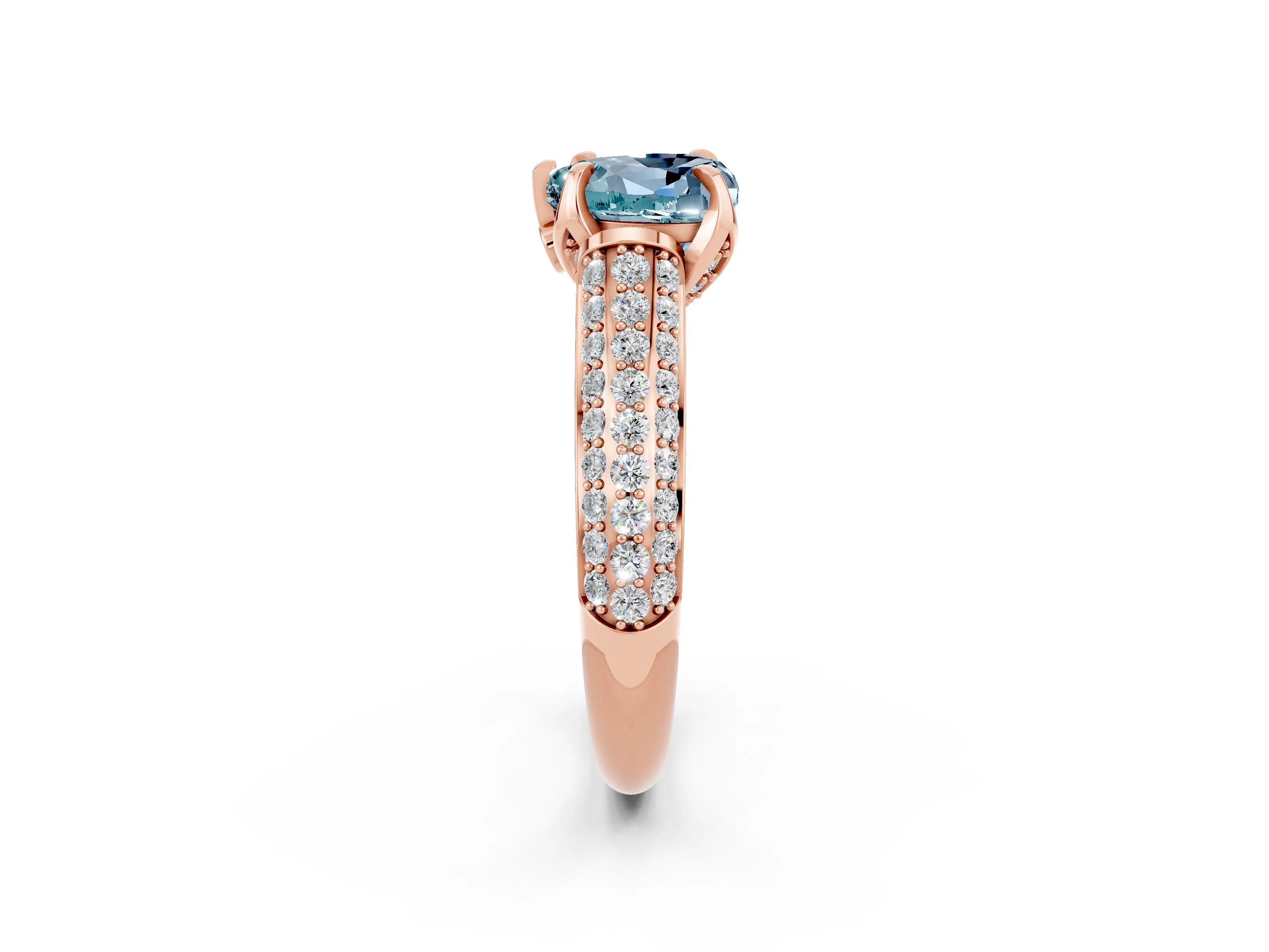 Rose gold Heart Cut Aquamarine Solitaire Ring with Three-Row Pavé Band and Four-Prong Setting_14