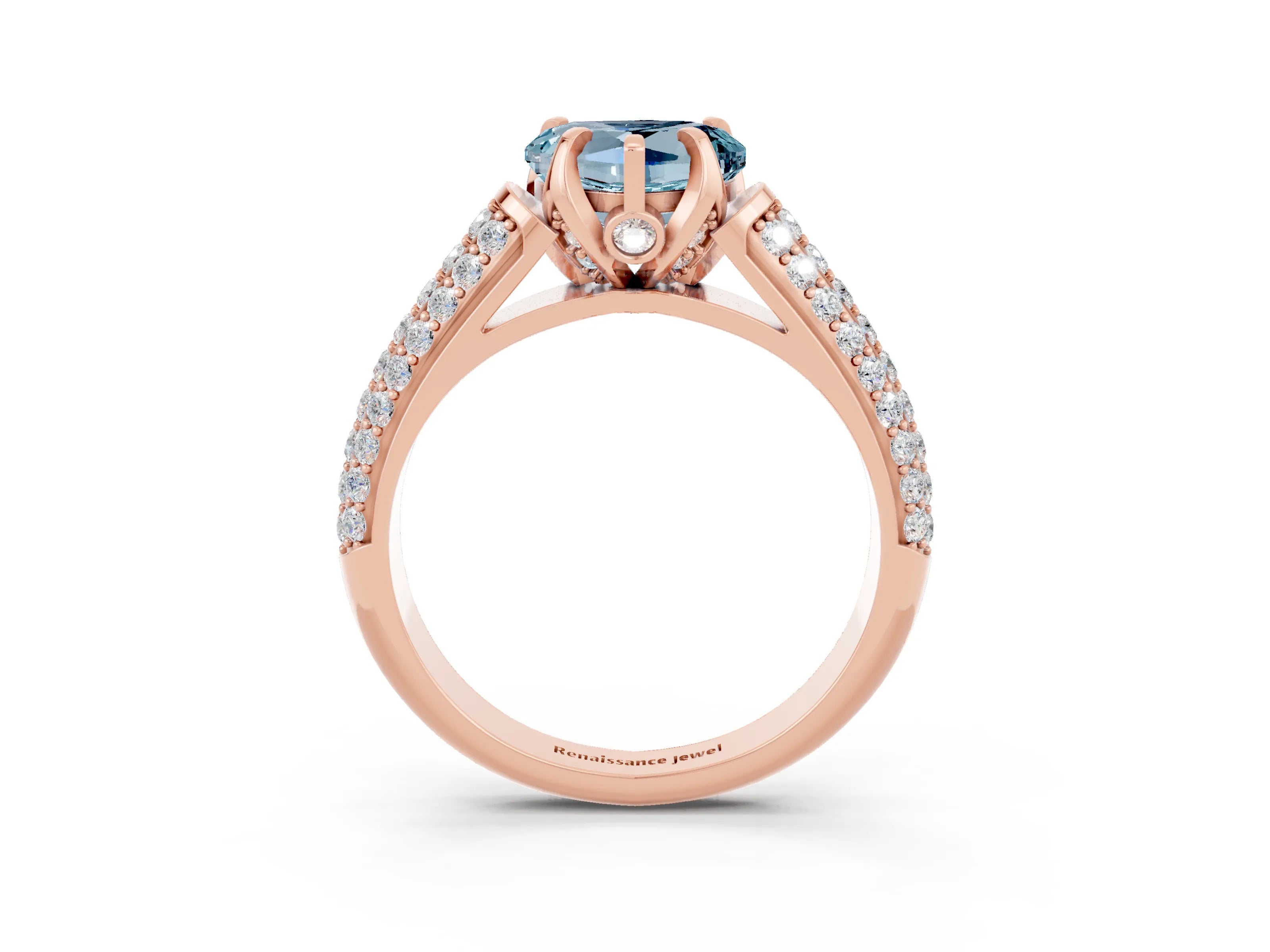 Rose gold Heart Cut Aquamarine Solitaire Ring with Three-Row Pavé Band and Four-Prong Setting_15