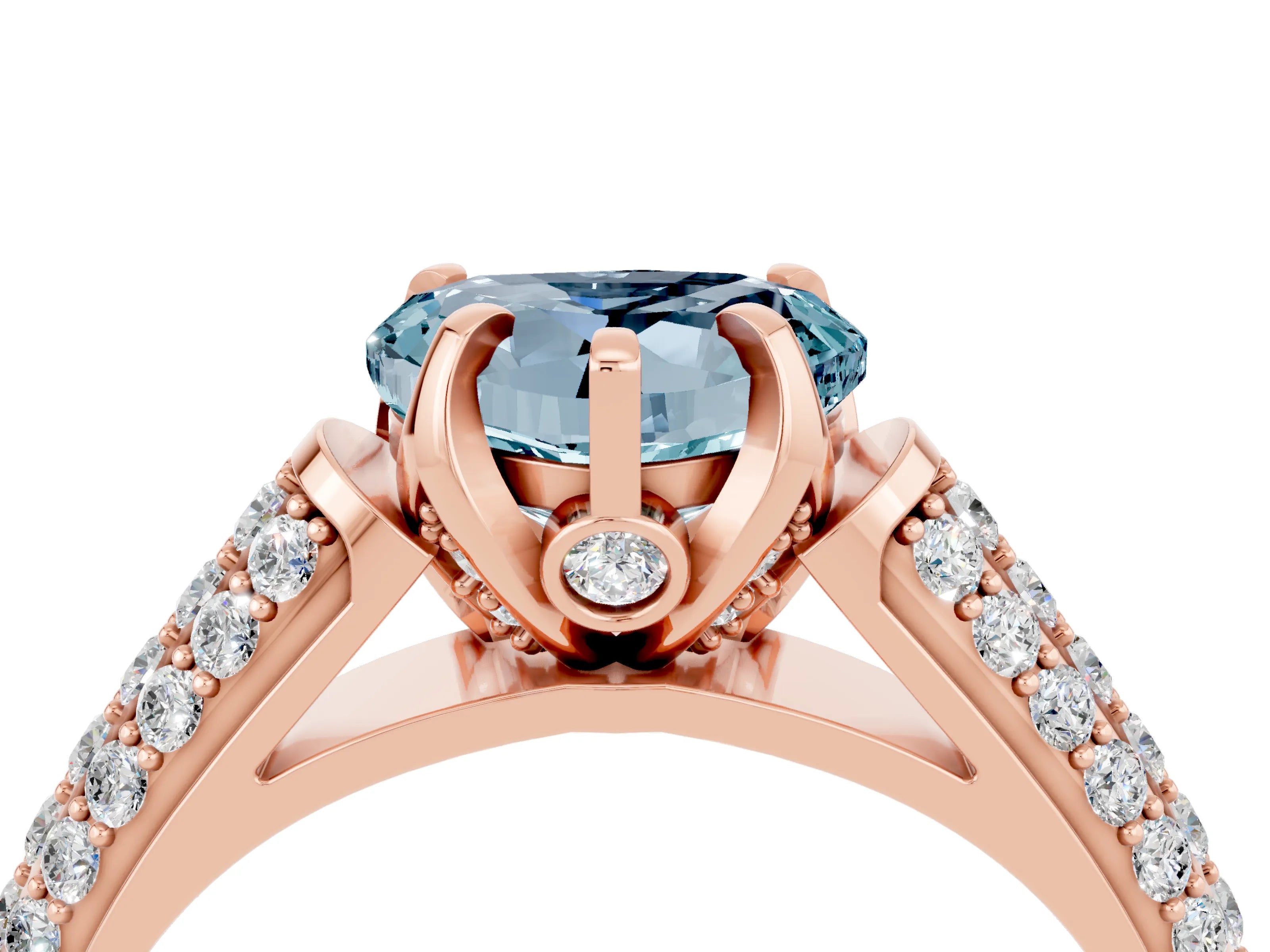 Rose gold Heart Cut Aquamarine Solitaire Ring with Three-Row Pavé Band and Four-Prong Setting_16
