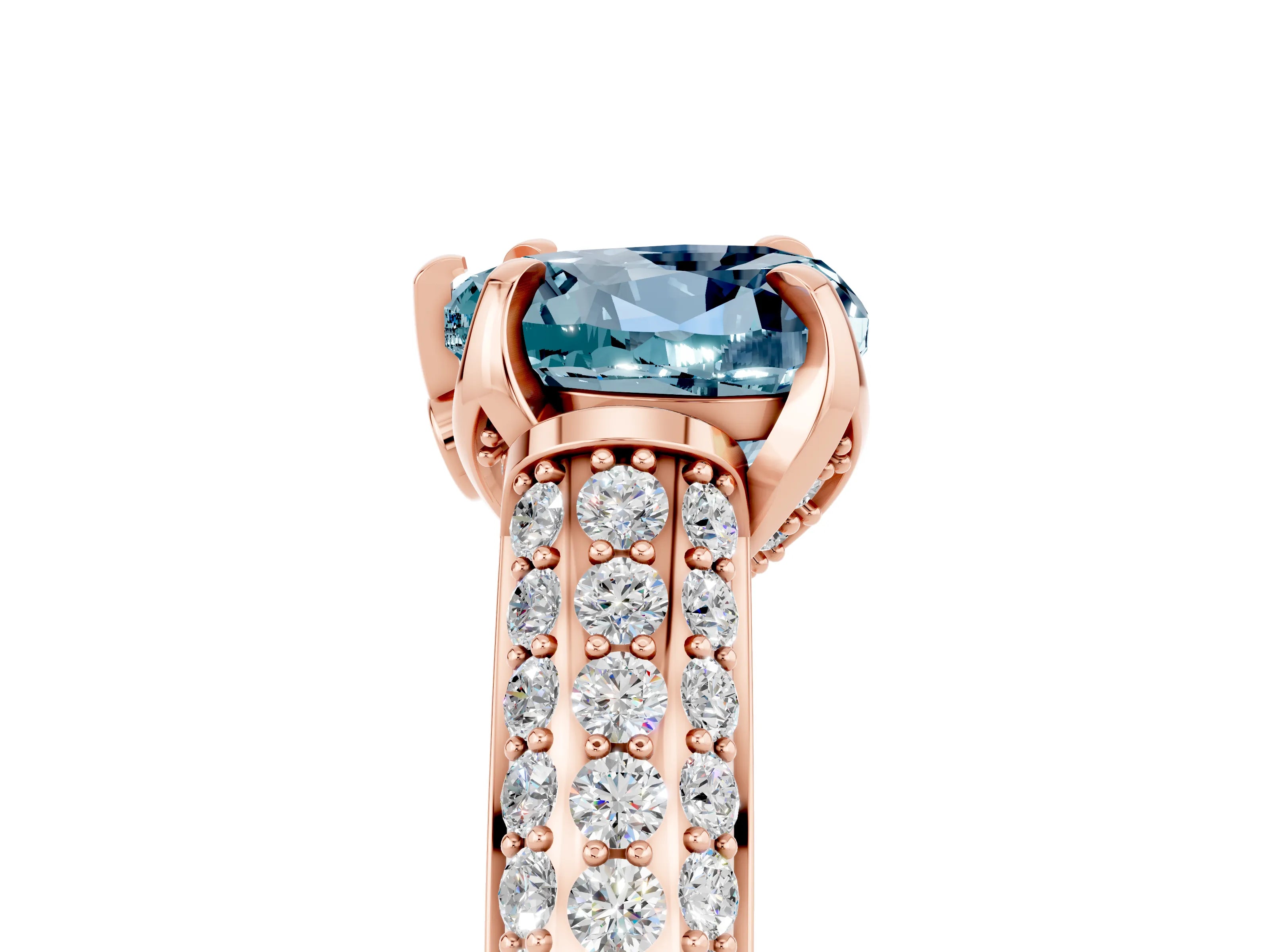 Rose gold Heart Cut Aquamarine Solitaire Ring with Three-Row Pavé Band and Four-Prong Setting_17