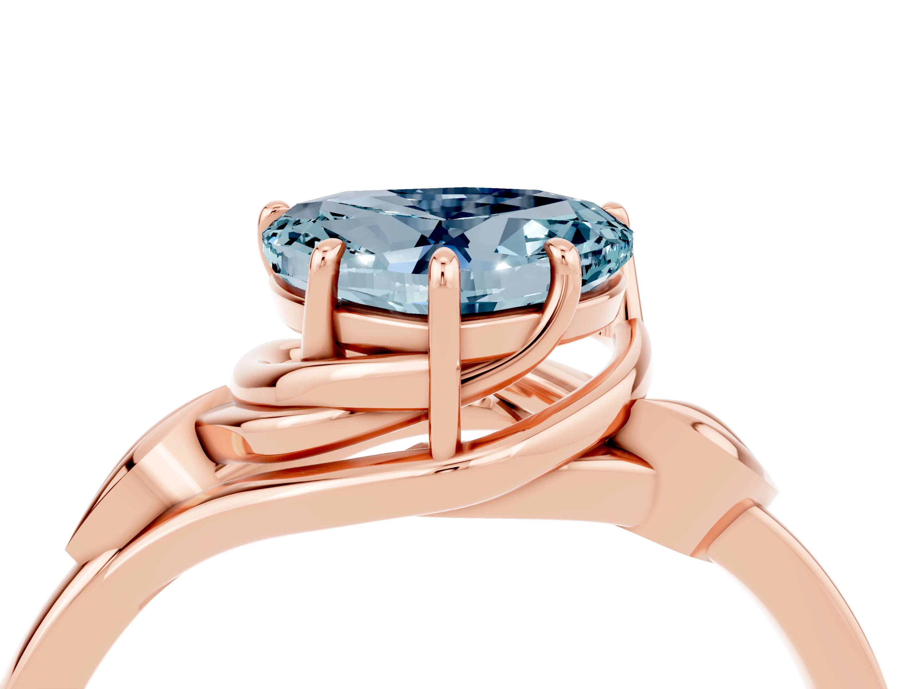 Rose gold Heart Cut Aquamarine Solitaire Ring with Twist Band and Four-Prong Setting_28