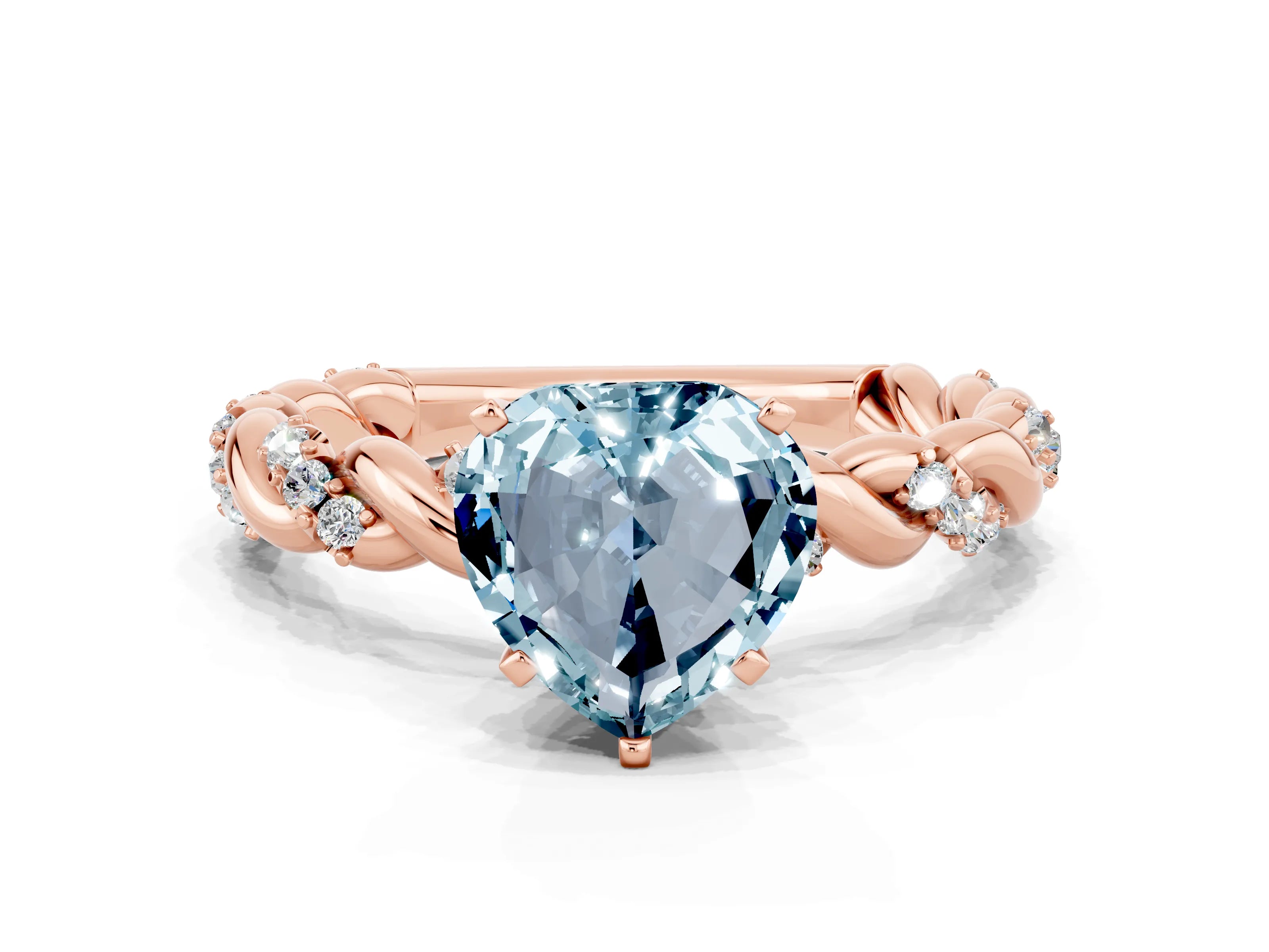 Rose gold Heart Cut Aquamarine Solitaire Ring with Twisted Band and Pavé Accents