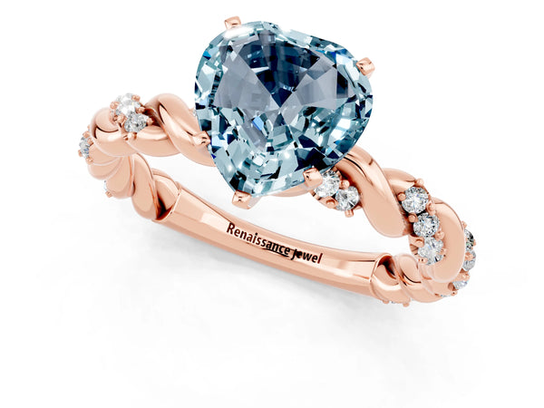 Rose gold Heart Cut Aquamarine Solitaire Ring with Twisted Band and Pavé Accents