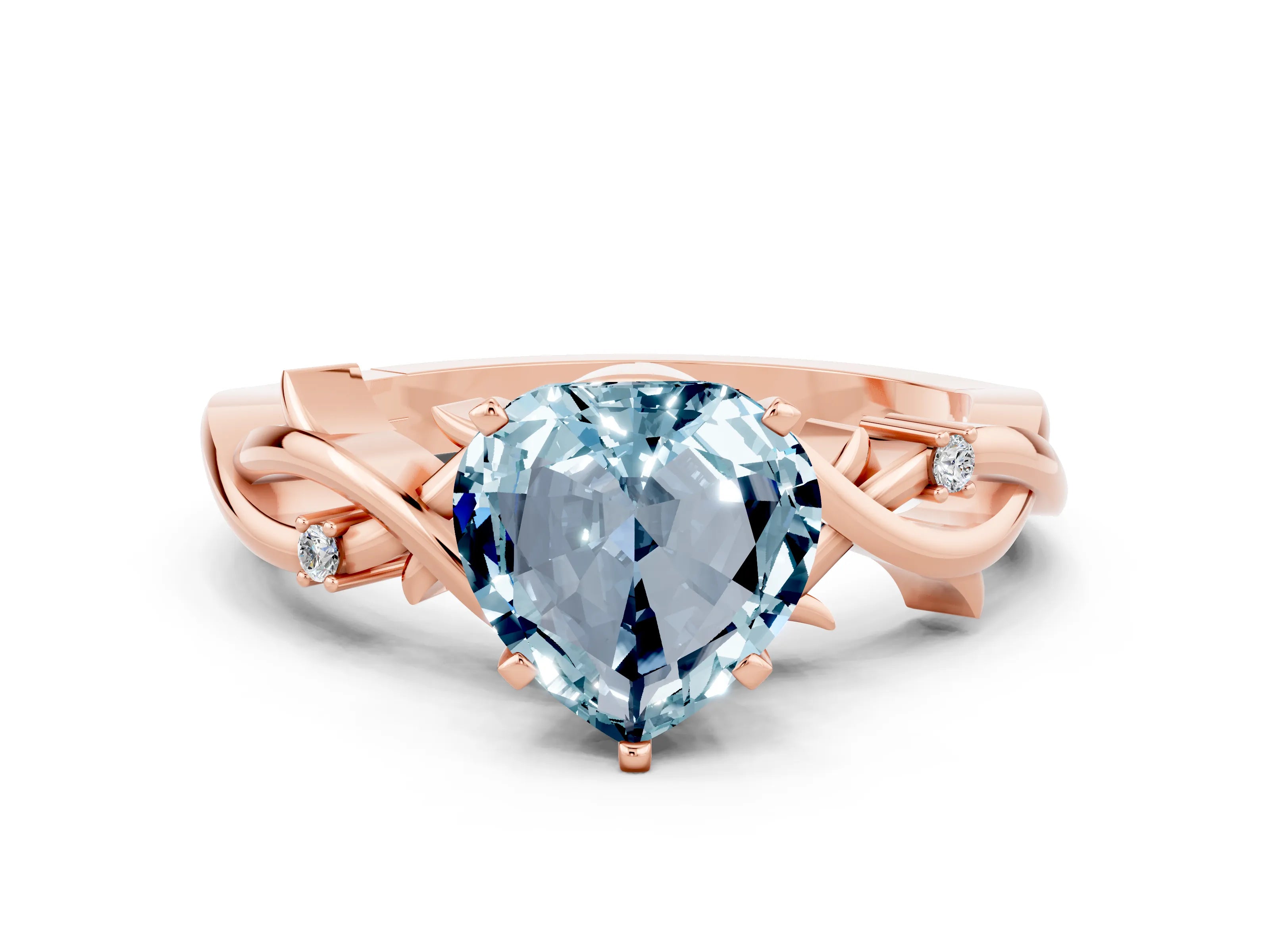Rose gold Heart Cut Aquamarine Solitaire Ring with Twisted Band and Prong Setting