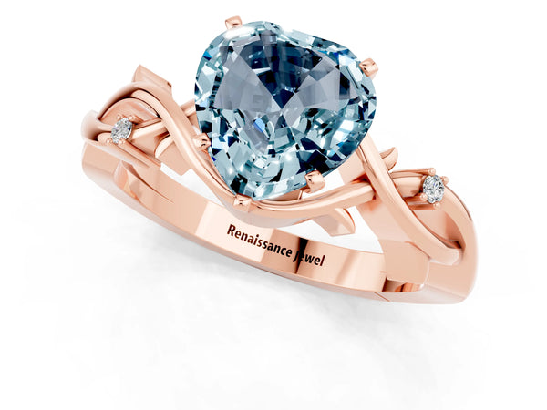 Rose gold Heart Cut Aquamarine Solitaire Ring with Twisted Band and Prong Setting