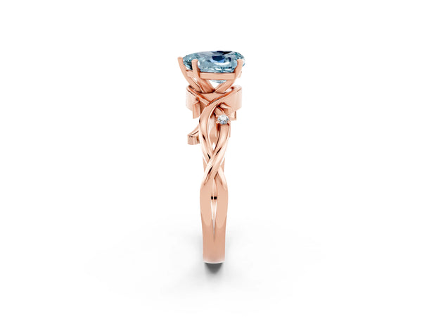 Rose gold Heart Cut Aquamarine Solitaire Ring with Twisted Band and Prong Setting