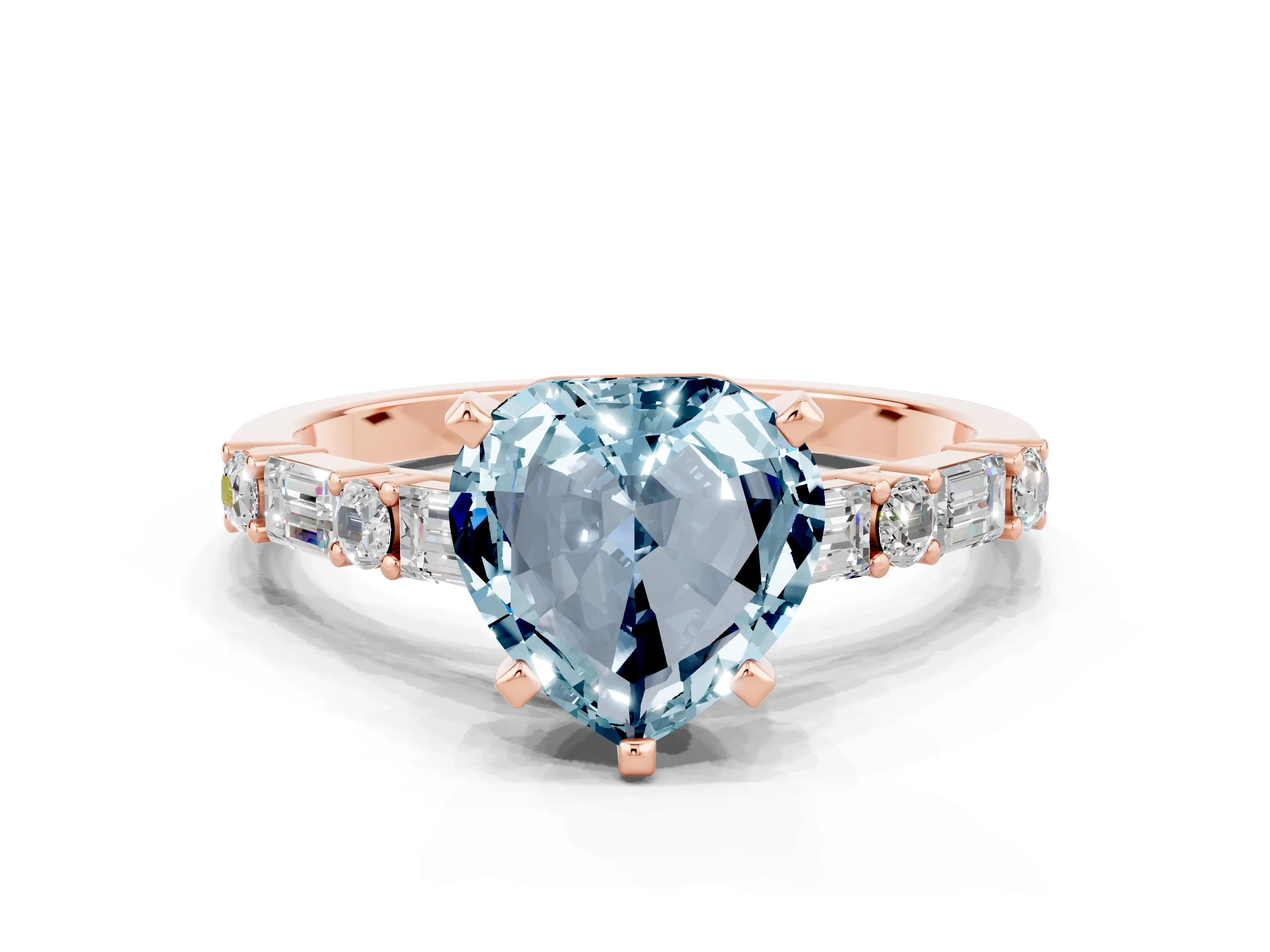 Rose gold Heart Cut Aquamarine Solitaire with Side Baguettes and Channel Set Band