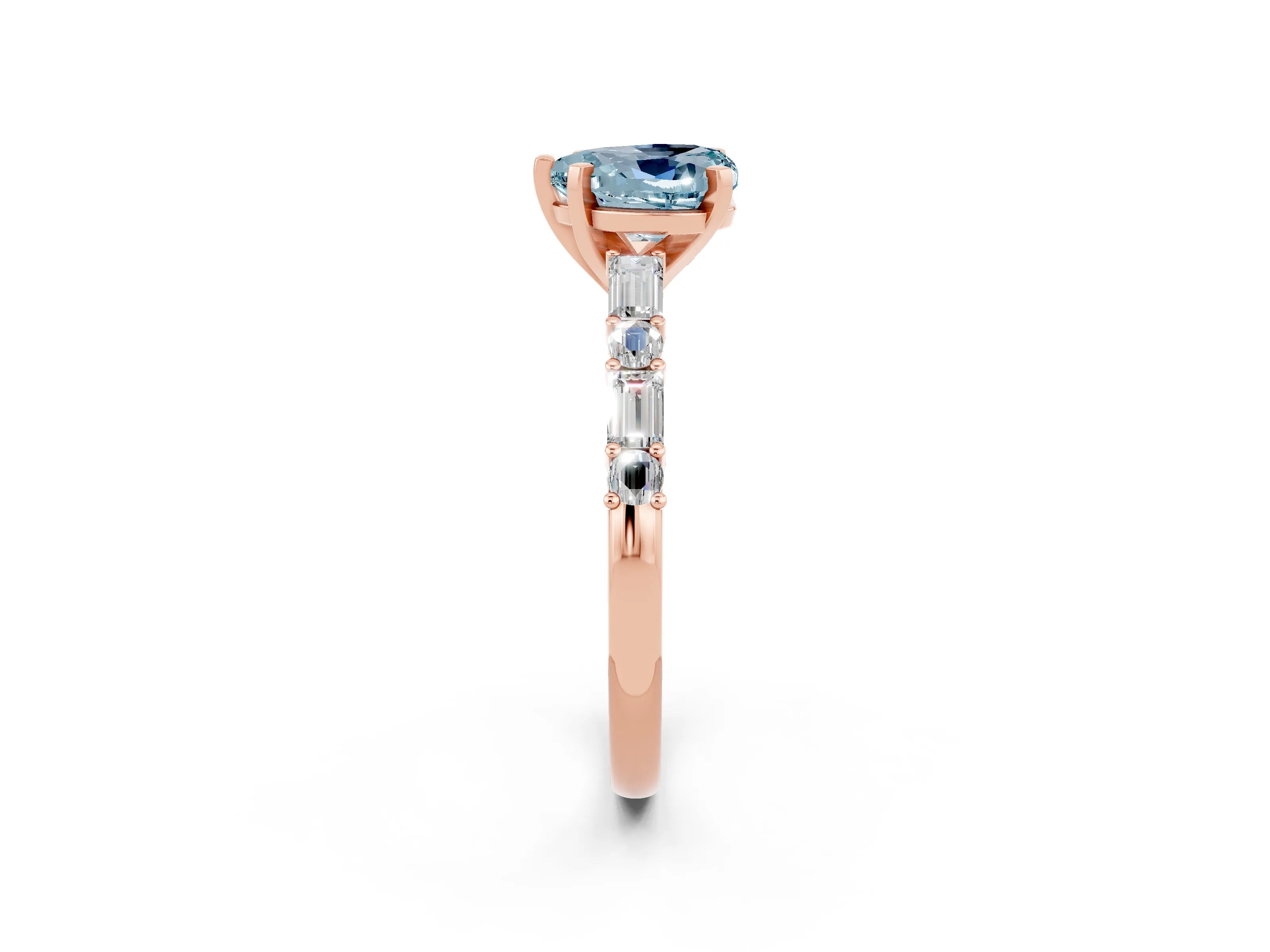 Rose gold Heart Cut Aquamarine Solitaire with Side Baguettes and Channel Set Band_2