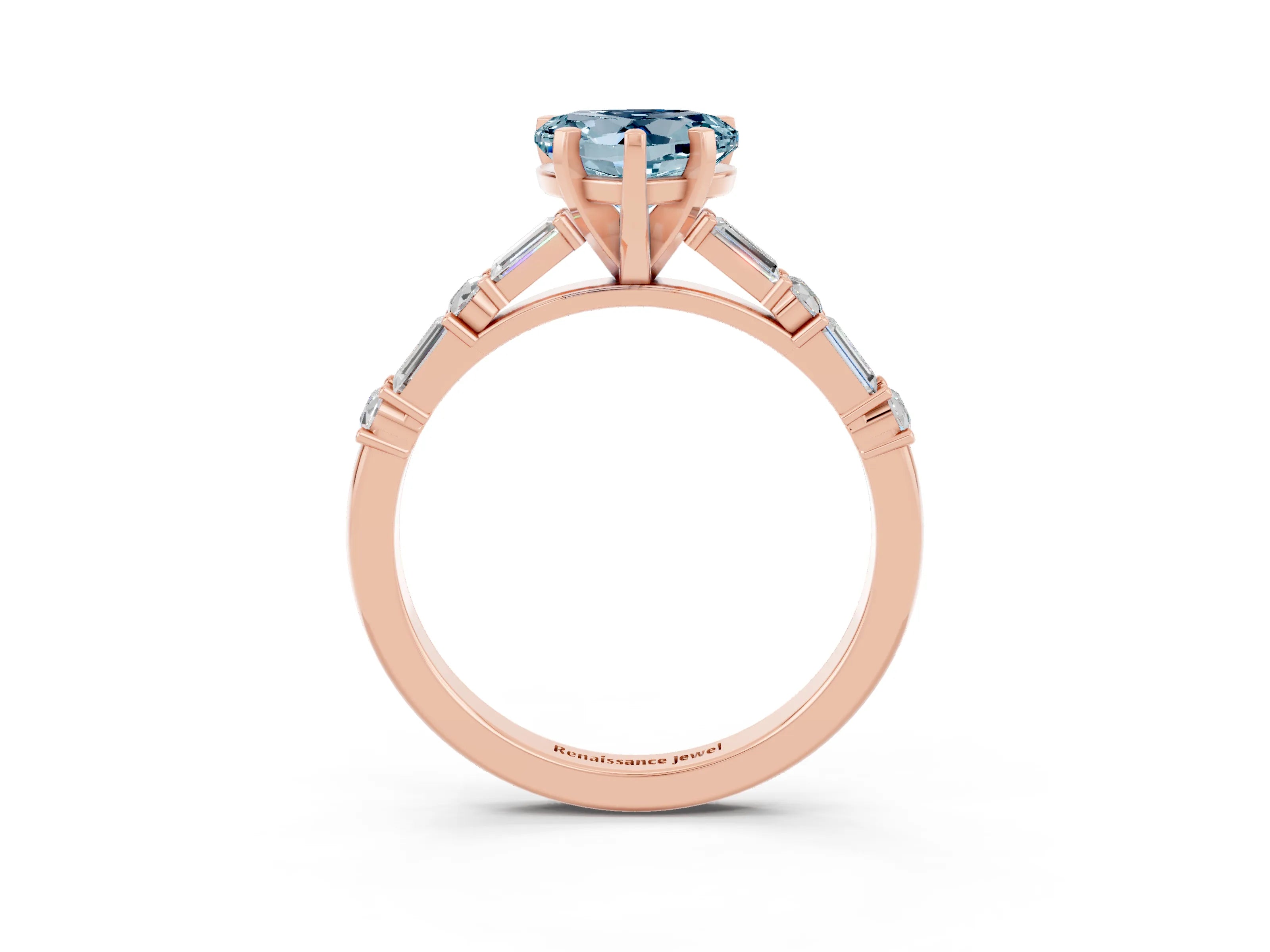 Rose gold Heart Cut Aquamarine Solitaire with Side Baguettes and Channel Set Band_3