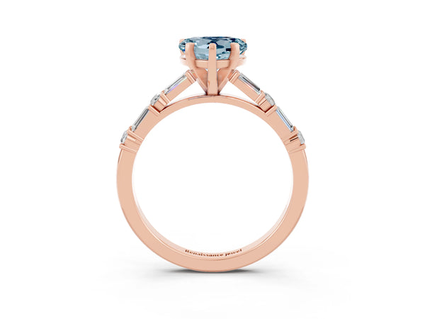Rose gold Heart Cut Aquamarine Solitaire with Side Baguettes and Channel Set Band