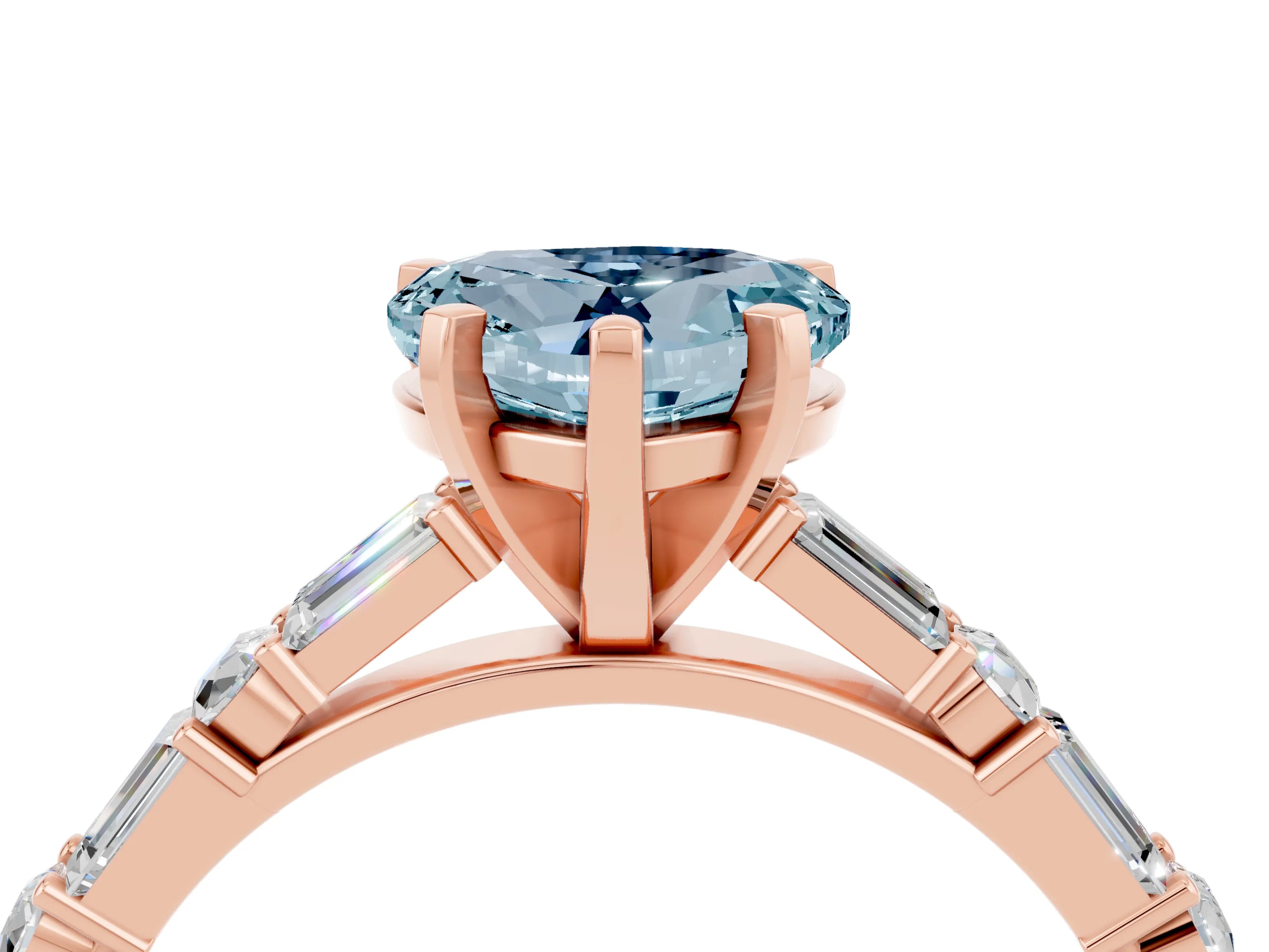 Rose gold Heart Cut Aquamarine Solitaire with Side Baguettes and Channel Set Band_4