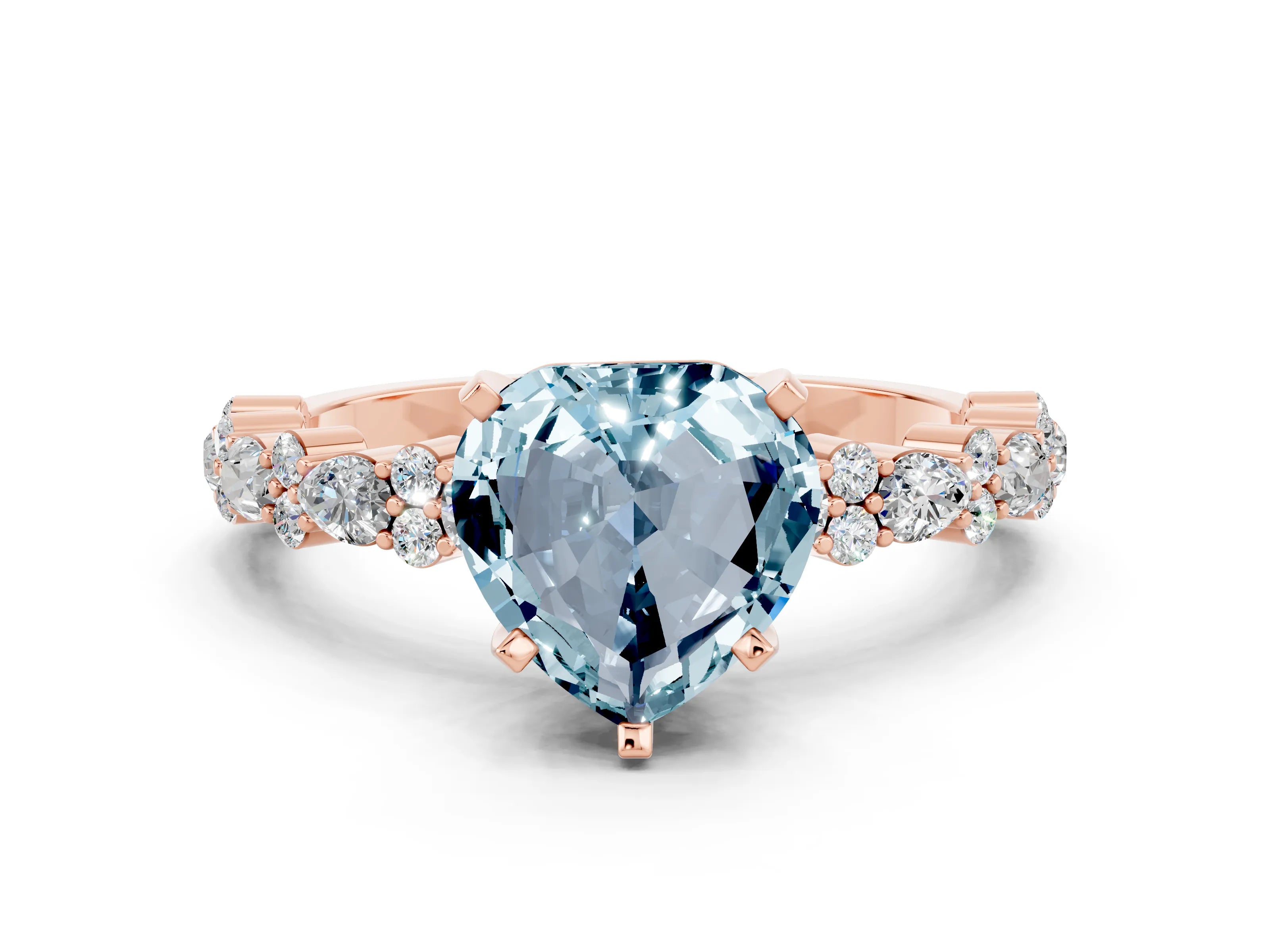 Rose gold Heart Cut Aquamarine Solitaire with Side Stones, Pave Band, Four-Prong Setting_36