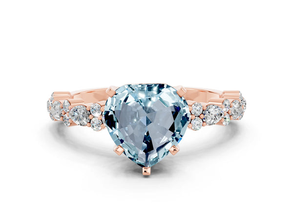 Rose gold Heart Cut Aquamarine Side Stone Solitaire Ring with Round  and Four-Prong Setting