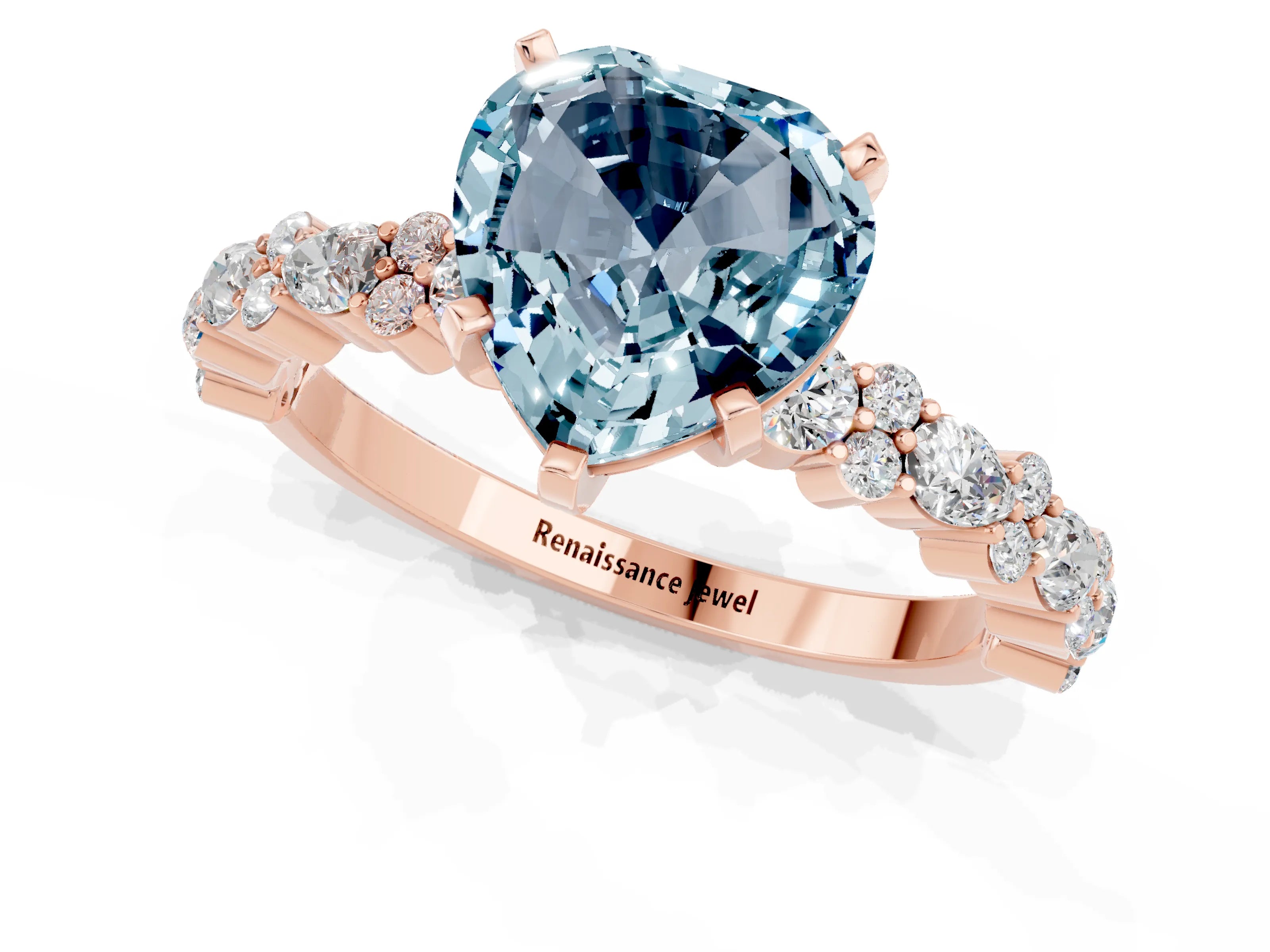 Rose gold Heart Cut Aquamarine Solitaire with Side Stones, Pave Band, Four-Prong Setting_37