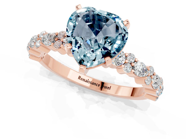 Rose gold Heart Cut Aquamarine Side Stone Solitaire Ring with Round  and Four-Prong Setting